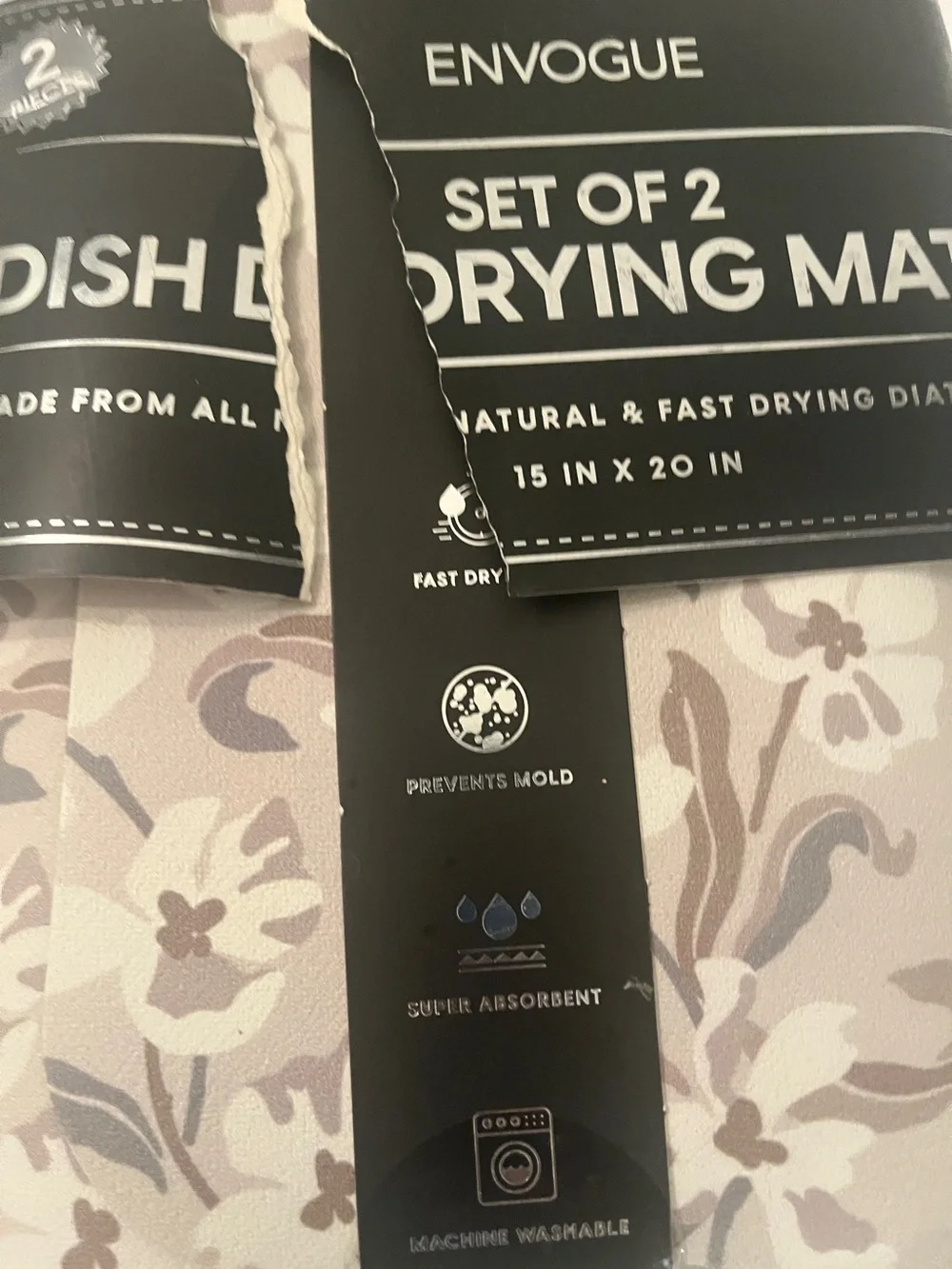 Envogue Set of 2 Floral Dish Drying Mats 15x20 Absorbent Washable